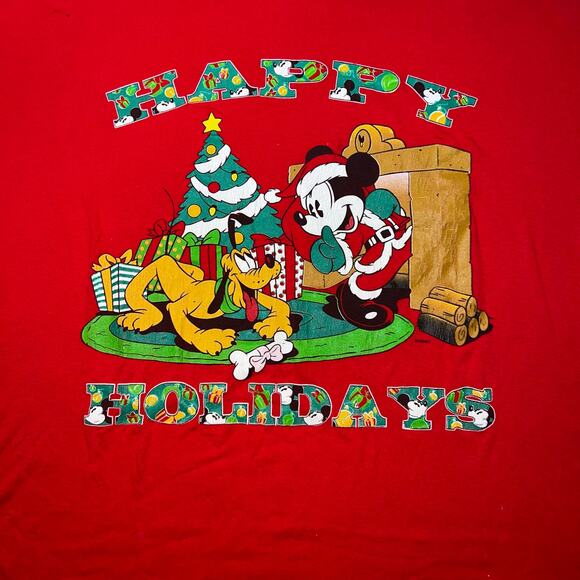 Vintage Disney Christmas Tshirt Mickey Mouse Santa and pluto Happy Holiday read* - Picture 7 of 9